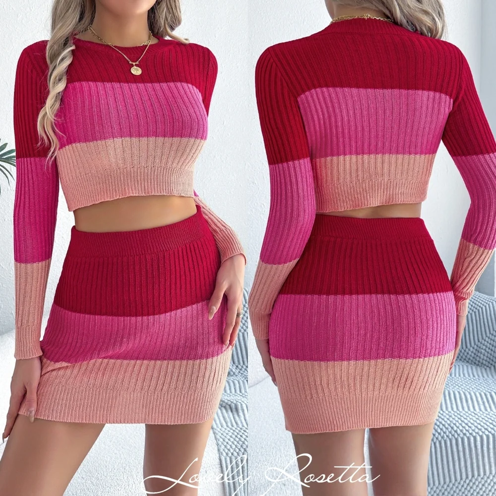 Pink Colorblock Knit Skirt Set - Picture 5 of 10